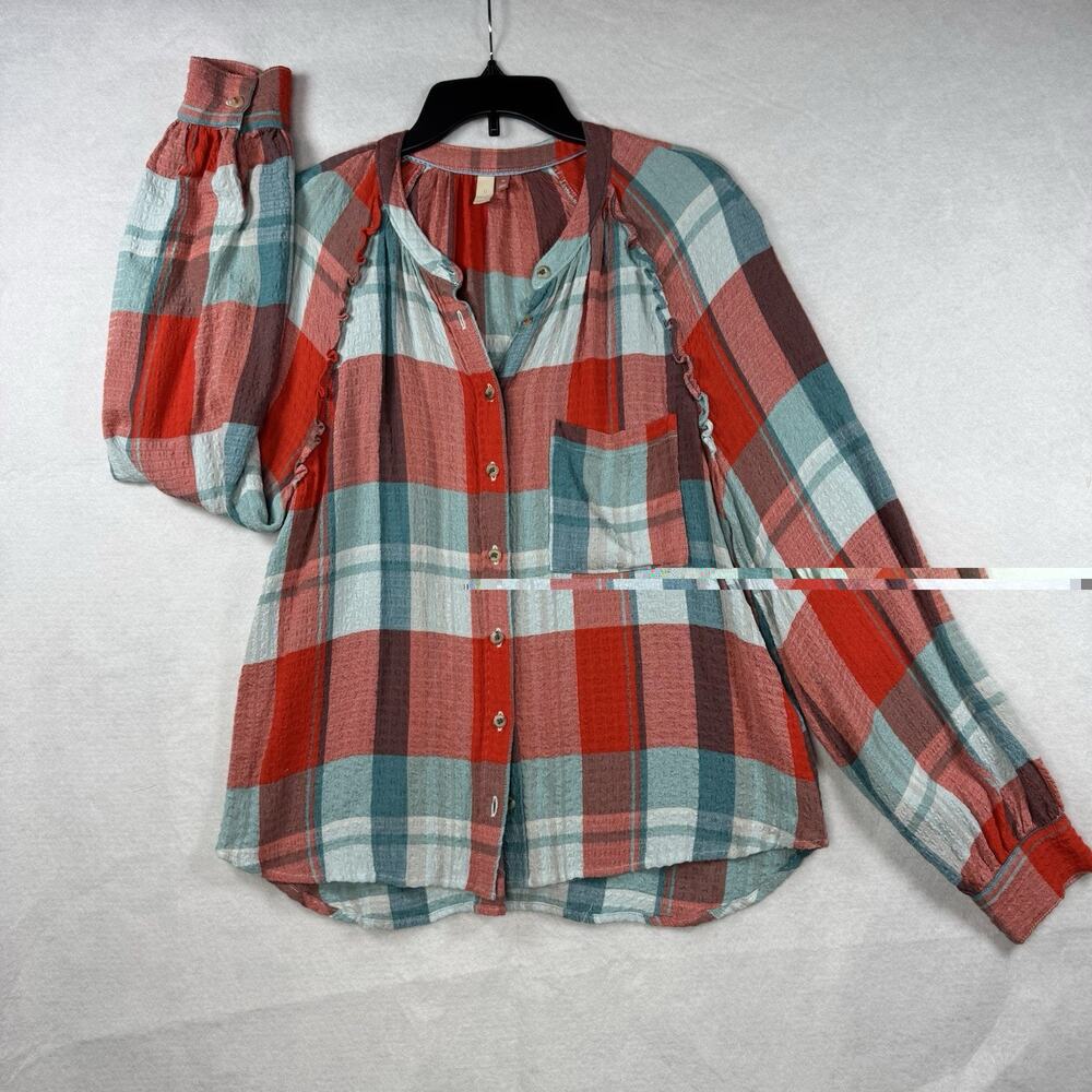 Anthropologie Pilcro Breezy Button down Plaid Blouse Women Medium Red Oversized - Picture 4 of 13